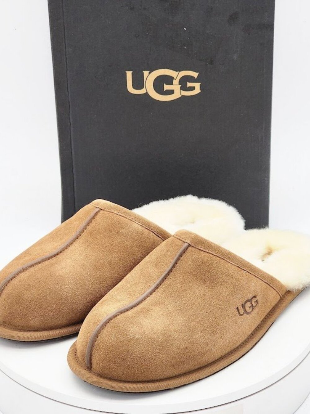 UGG Scuff Slippers Men’s Size 10 Chestnut Suede Shearling Lined - Picture 7 of 11
